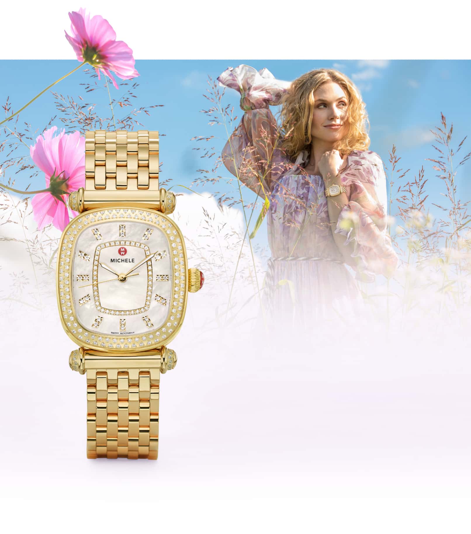 Stylish woman in field of flowers wearing 18K gold Caber Isle watch.