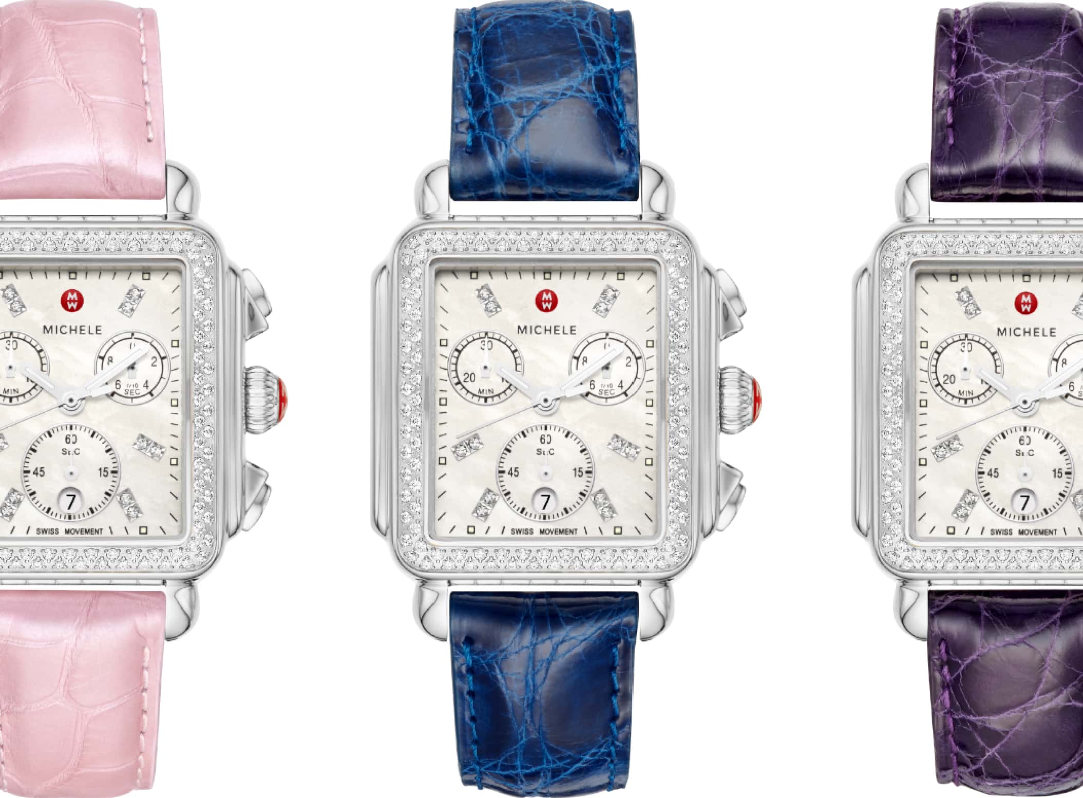 Stainless Deco watches with colorful leather straps in red, orange, green, pink, blue and purple.