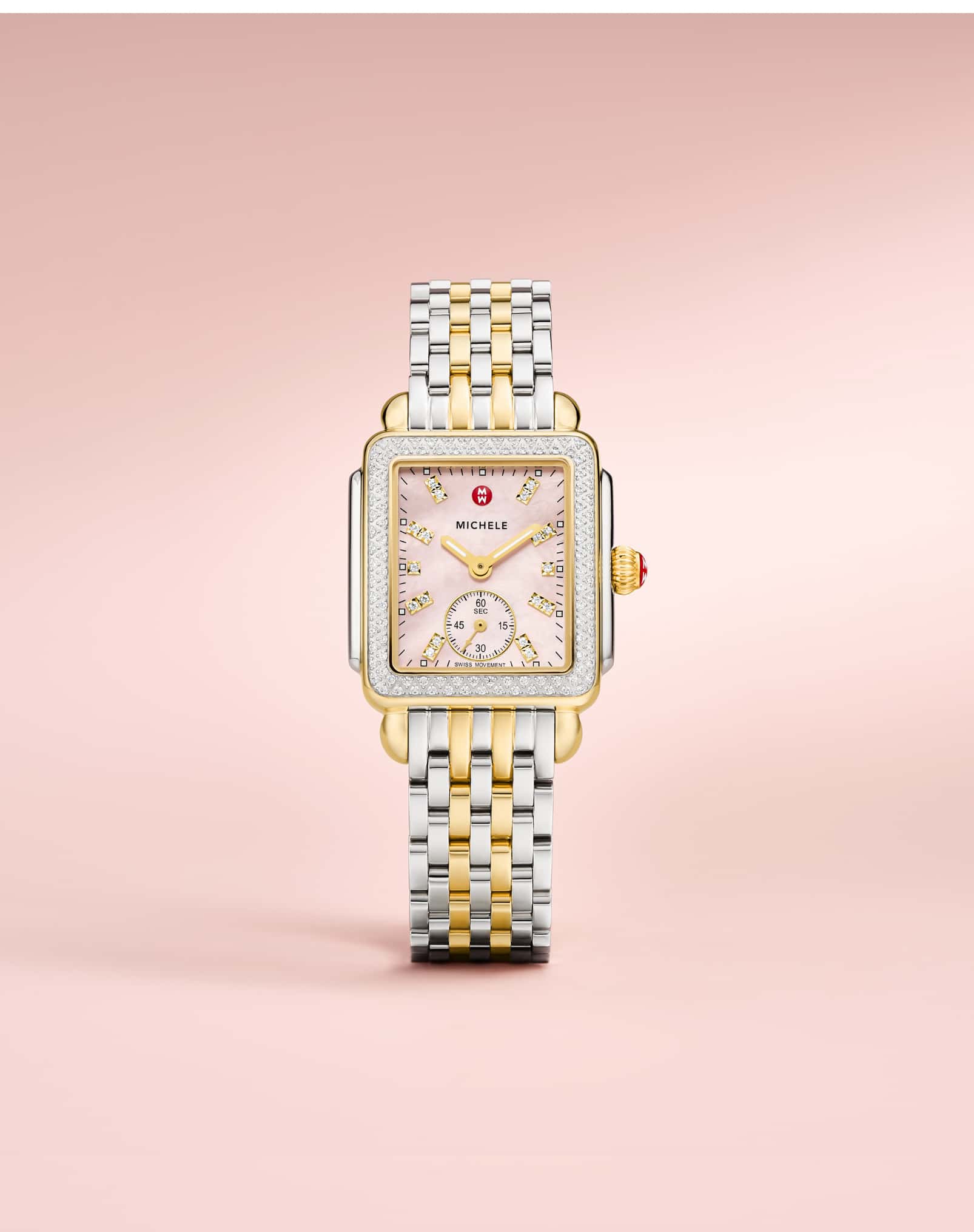 MICHELE Deco Mid watch in two-tone with a pink mother-of-pearl dial
