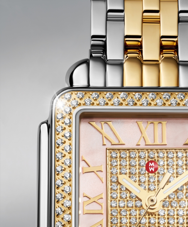 Close up of the Limited Edition Deco Madison Mid Pavé watch featuring a Ballet Pink mother-of-pearl and pavé dial