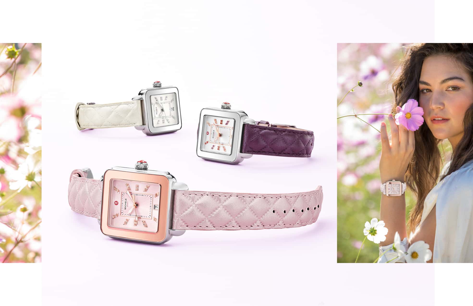 Three Deco Sport countryside watches featuring quilted leather straps in lilac, violet and pearl.