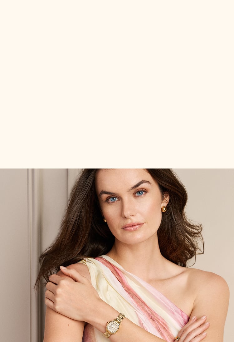 Model wearing Meggie Mini gold with feature shots of the Deco Madison Mini, Serein Oval, and Deco Park to the right