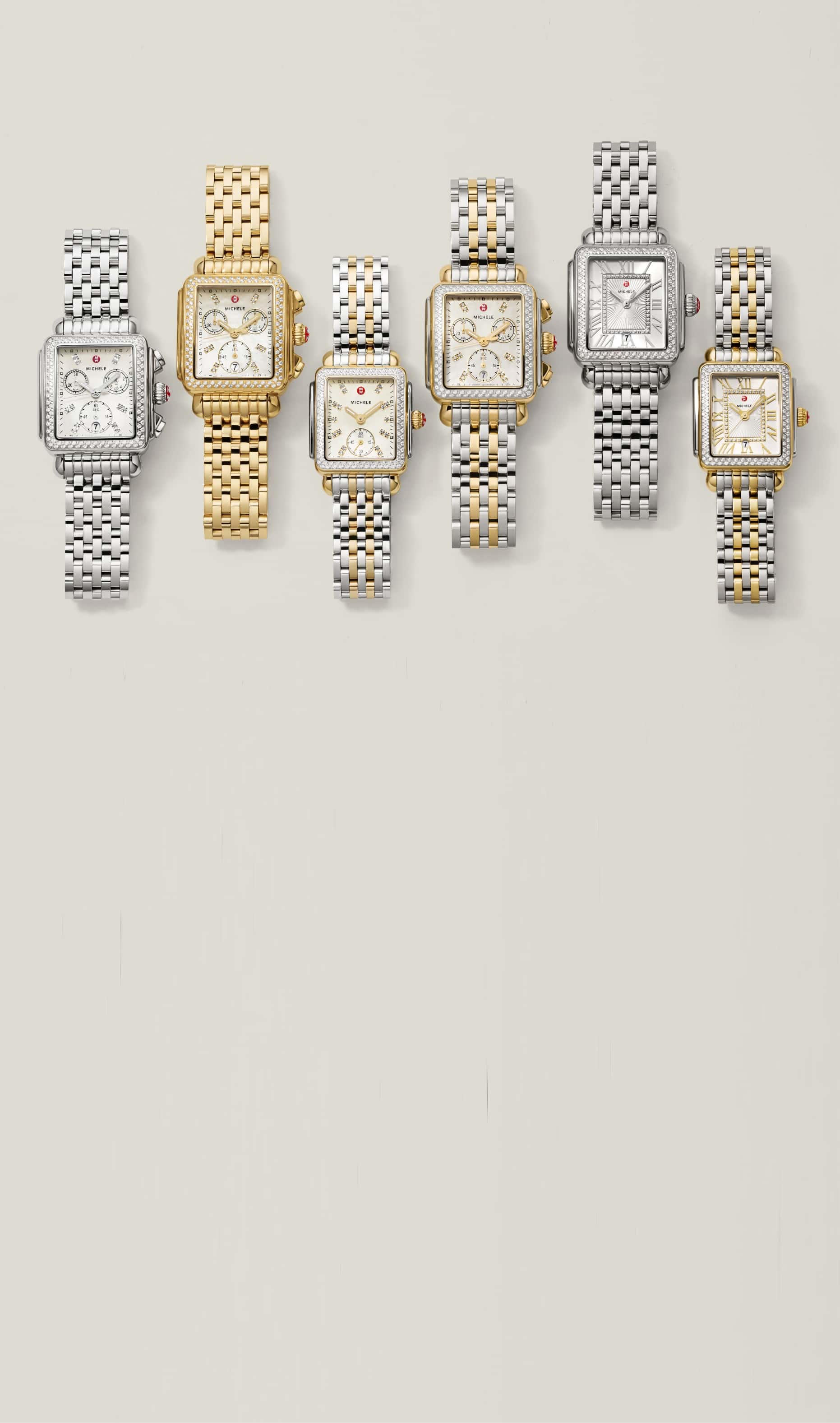 A series of MICHELE Deco watches in stainless steel