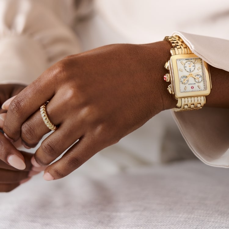 The Deco Diamond Dial 18K Gold-plated Watch shown on a wrist