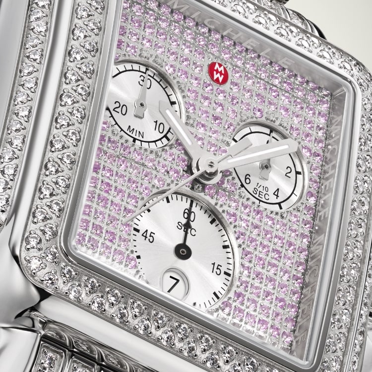 Close up of the Limited Edition Deco Pink Sapphire Pavé watch 