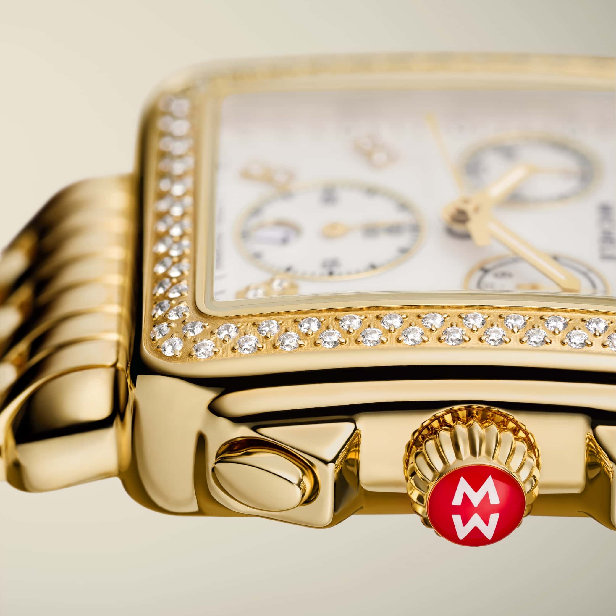 Detail shot of the MICHELE Deco Gold Diamond watch