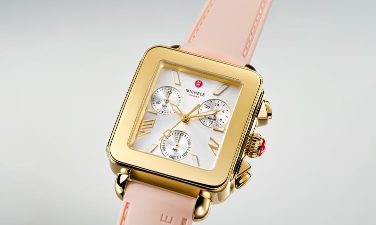 Detail shot of the Deco Sport Chrono watch featuring a Ballet Pink silicone strap.