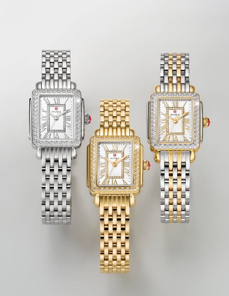 Three Deco Madison Diamond Mini watches showcasing 18K gold, two-tone, and stainless steel plating