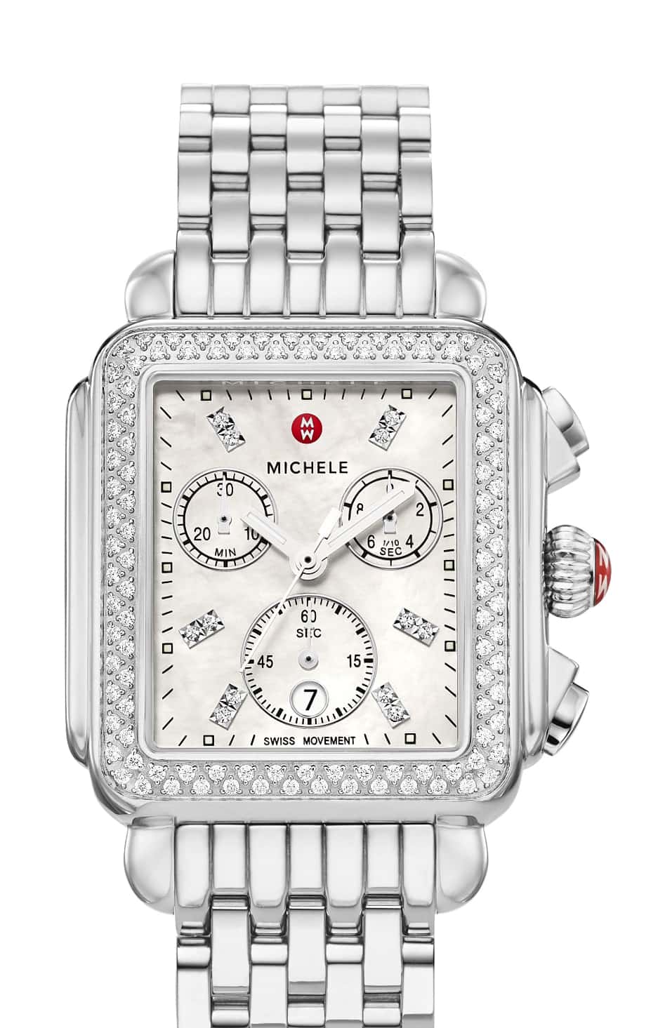 Iconic Deco watch in stainless featuring mother-of-pearl dial, diamond-covered bezel and signature seven-link bracelet.