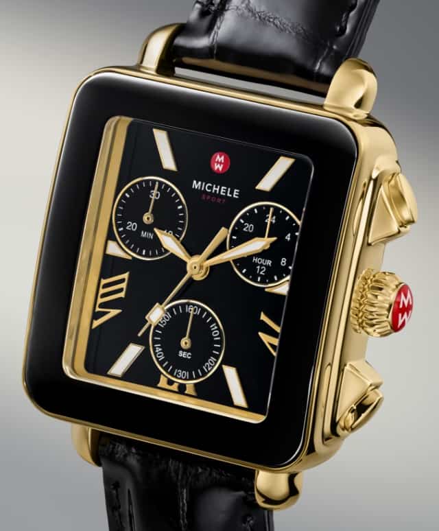 Deco Sport Chronograph 18K Gold Plated Stainless Steel Noir Leather Watch MWW06K000070 MICHELE