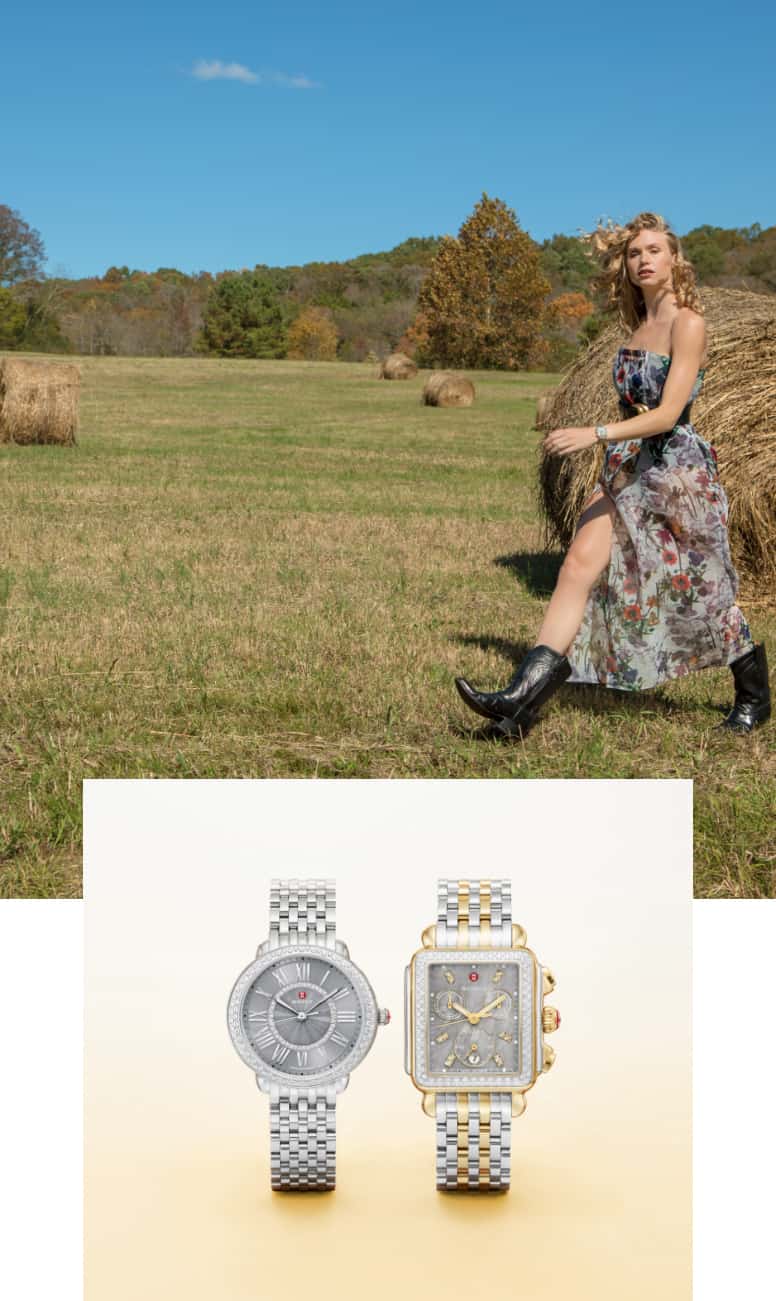 Stylish woman wearing Deco watch in two-tone with slate dial. Serin watch in stainless with slate dial. Deco watch in two-tone with slate dial.