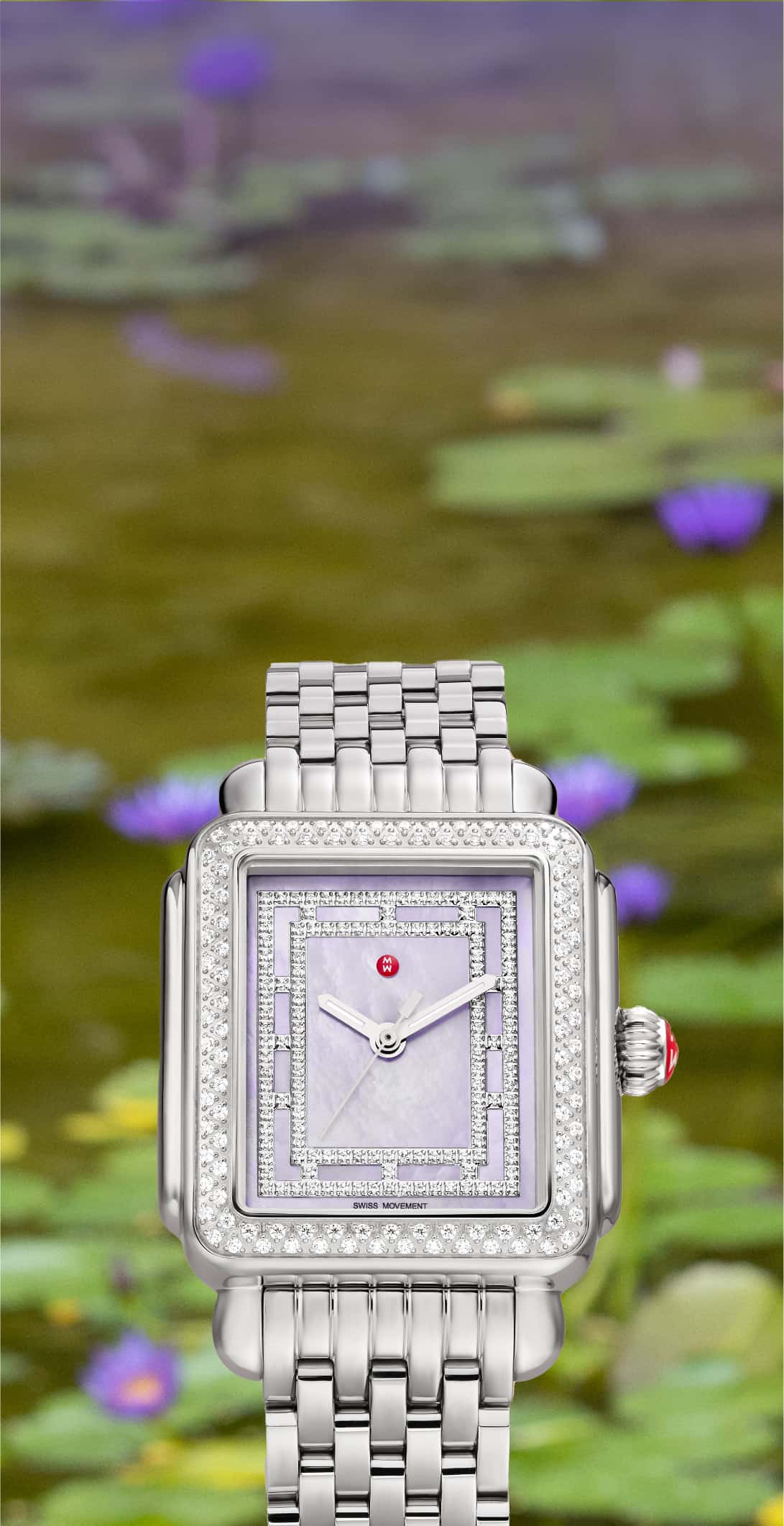deco watch by MICHELE with lavender face and pave diamonds