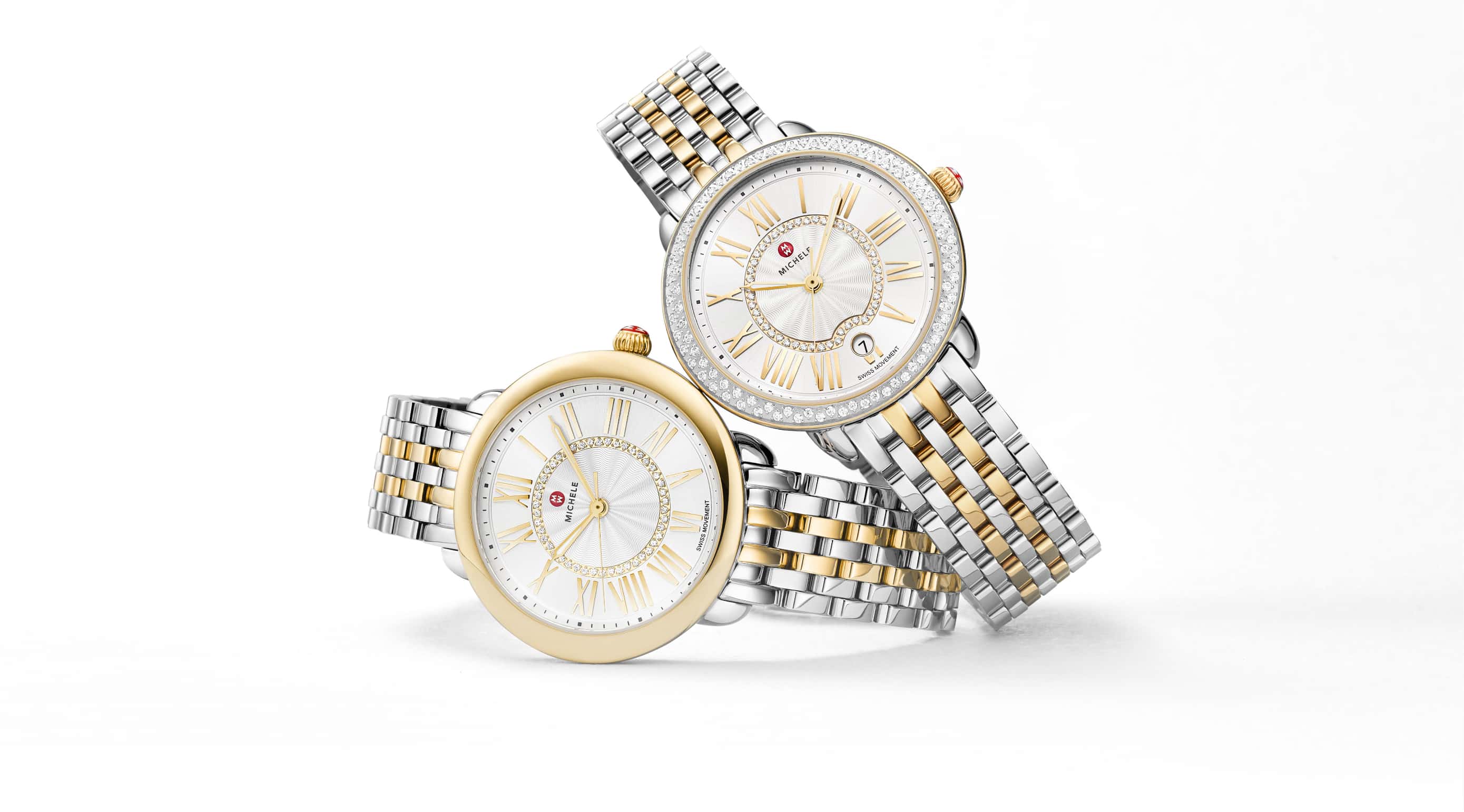 Two stainless with 18K gold serein watches, one with a diamond bezel and the other with an 18k gold bezel.