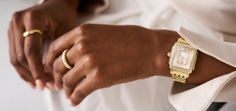 The Deco Madison Mid Diamond 18K Gold-plated watch shown on a wrist