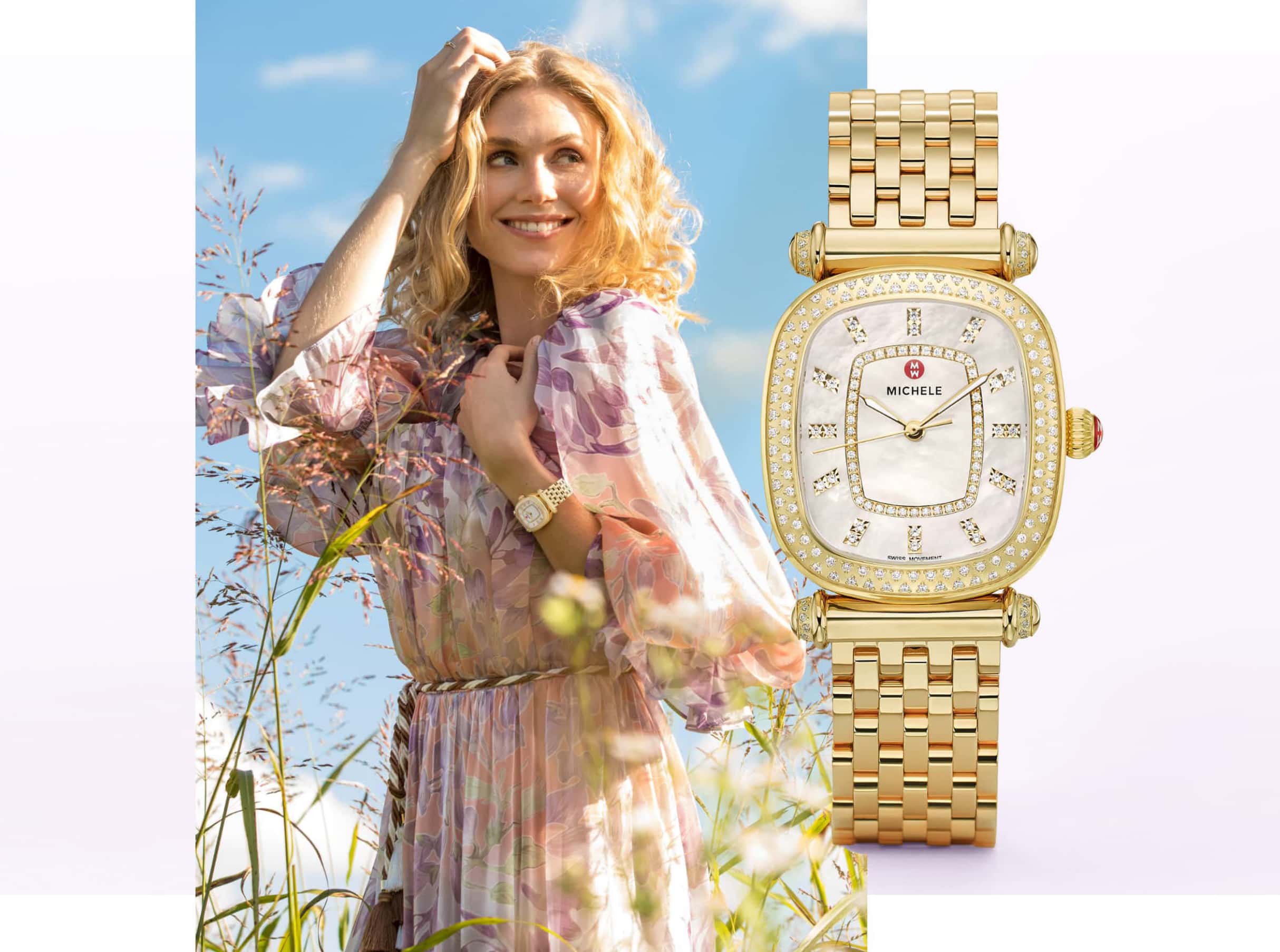 18K gold-tone Caber Isle watch featuring cushion-shaped case, diamond-covered bezel and t-bar lugs.