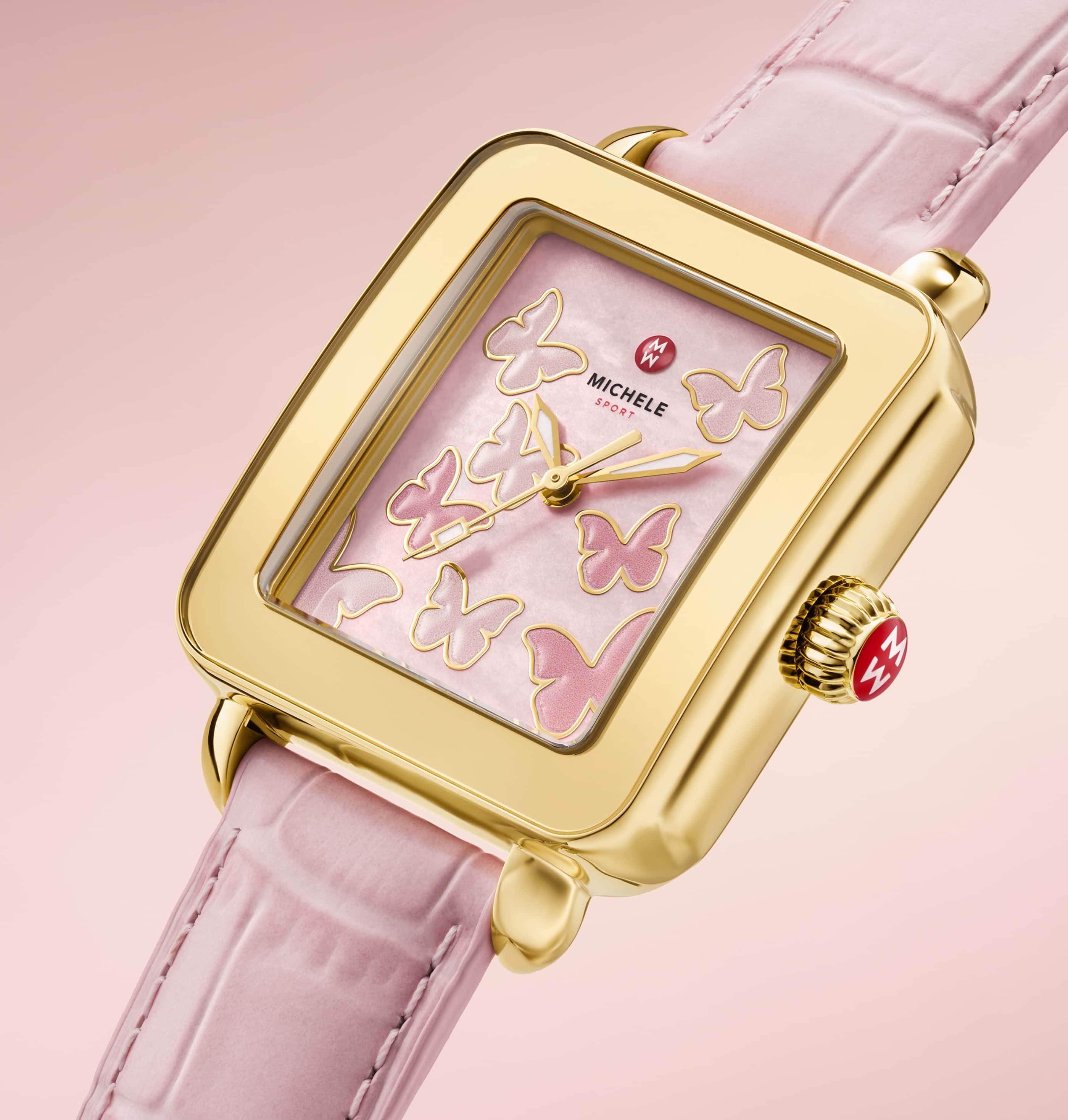 pink MICHELE deco sport watch with butterflies on the dial