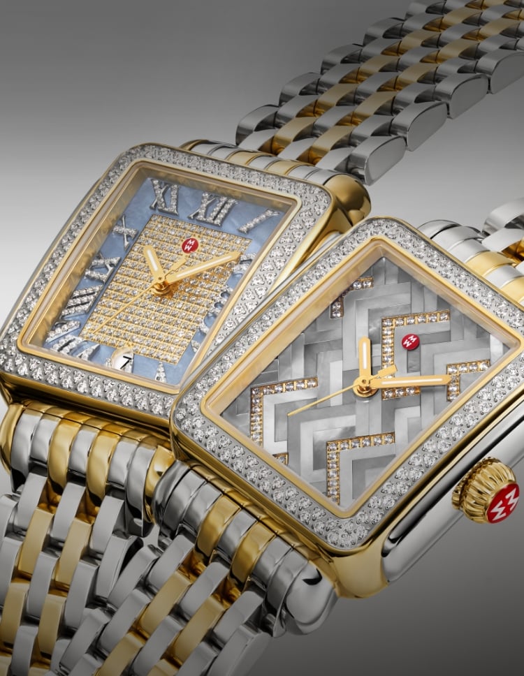 The Limited Edition Deco Vintage-inspired Chevron Graphite and Limited Edition Deco Madison Blue Dusk Pavé watches in two-tone 18K gold plating