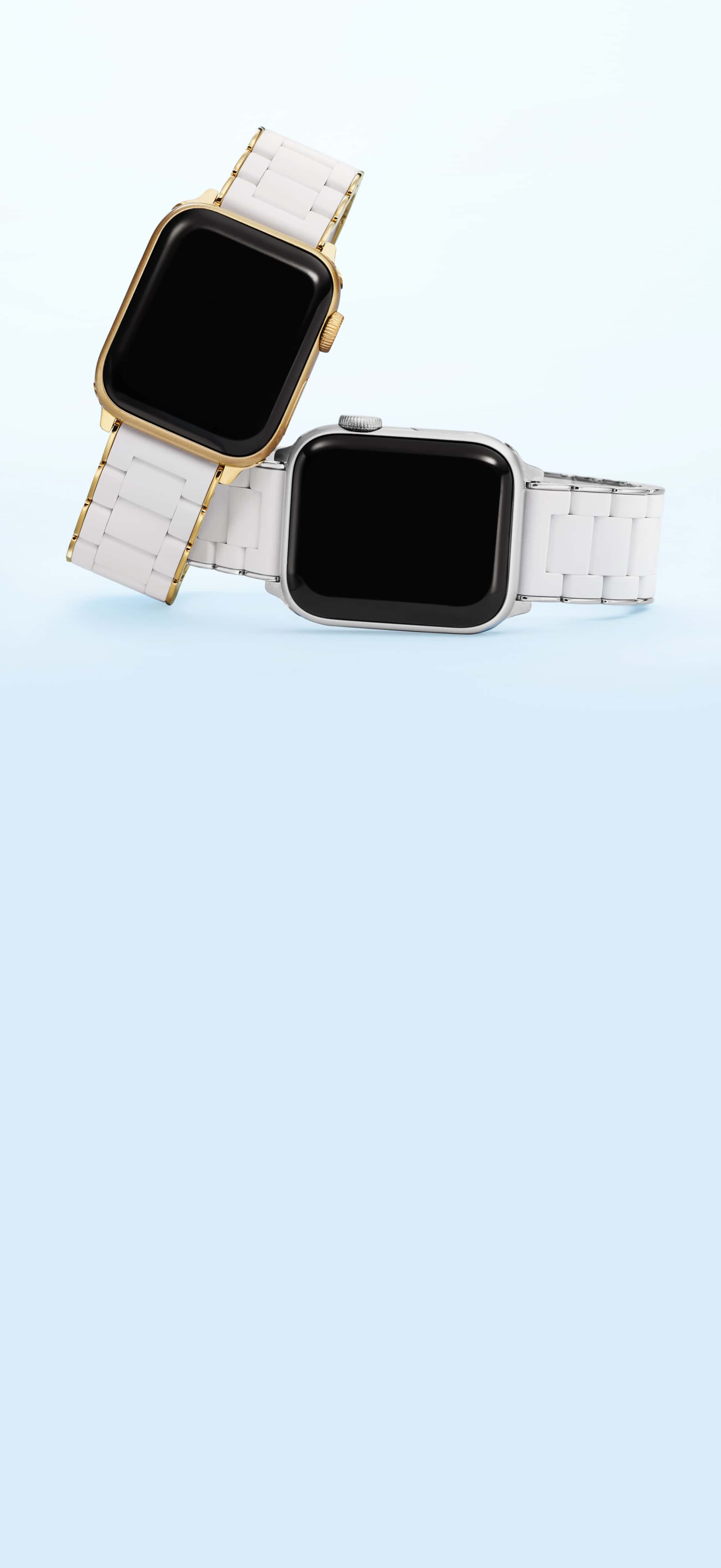 Wear white all summer in a white MICHELE band for Apple WatchⓇ in your choice of gold or stainless steel plating.