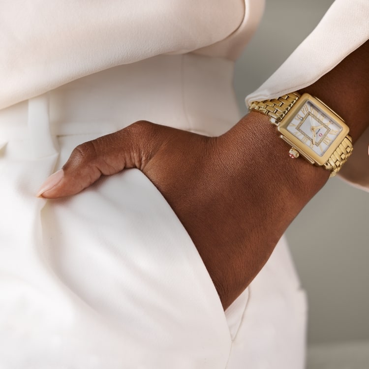 The Deco Madison Mid Diamond Dial 18K Gold-plated watch shown on a wrist