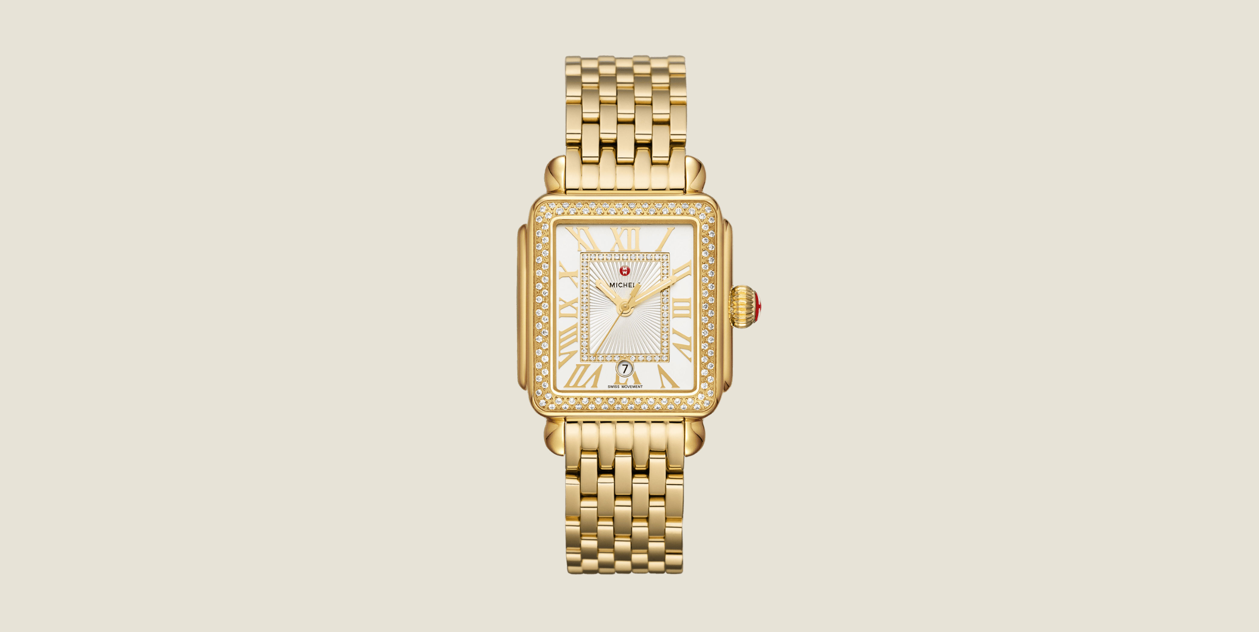 Detailed shot of the Deco Madison White Ceramic Diamond Watch 