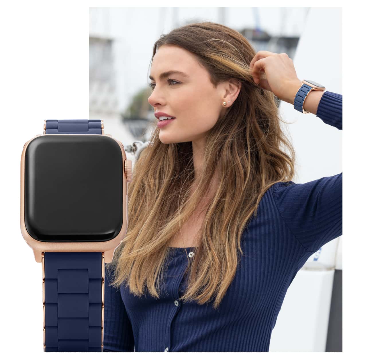 woman wearing a silicone band for Apple Watch.