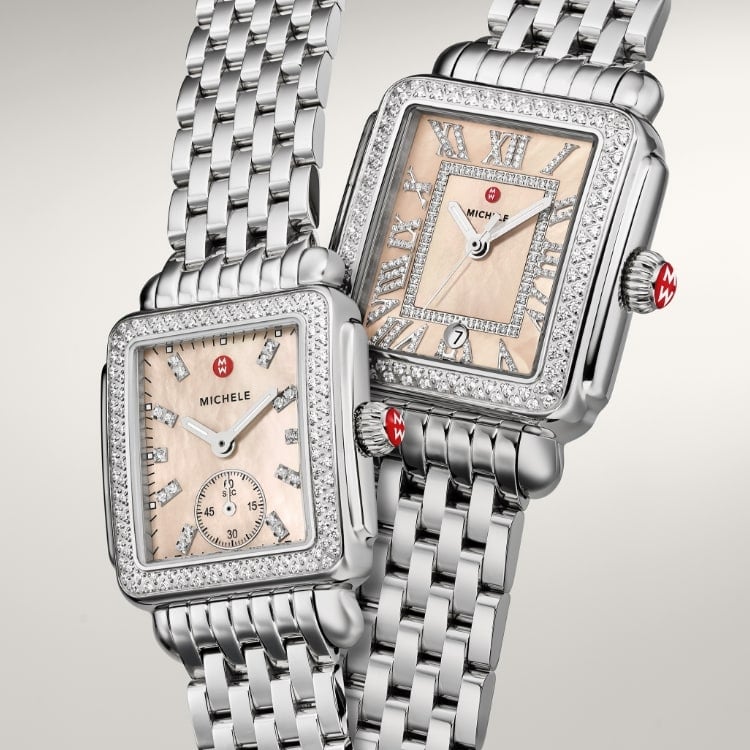 The Deco Mid Diamond Apricot watch and Deco Madison Diamond Apricot watch