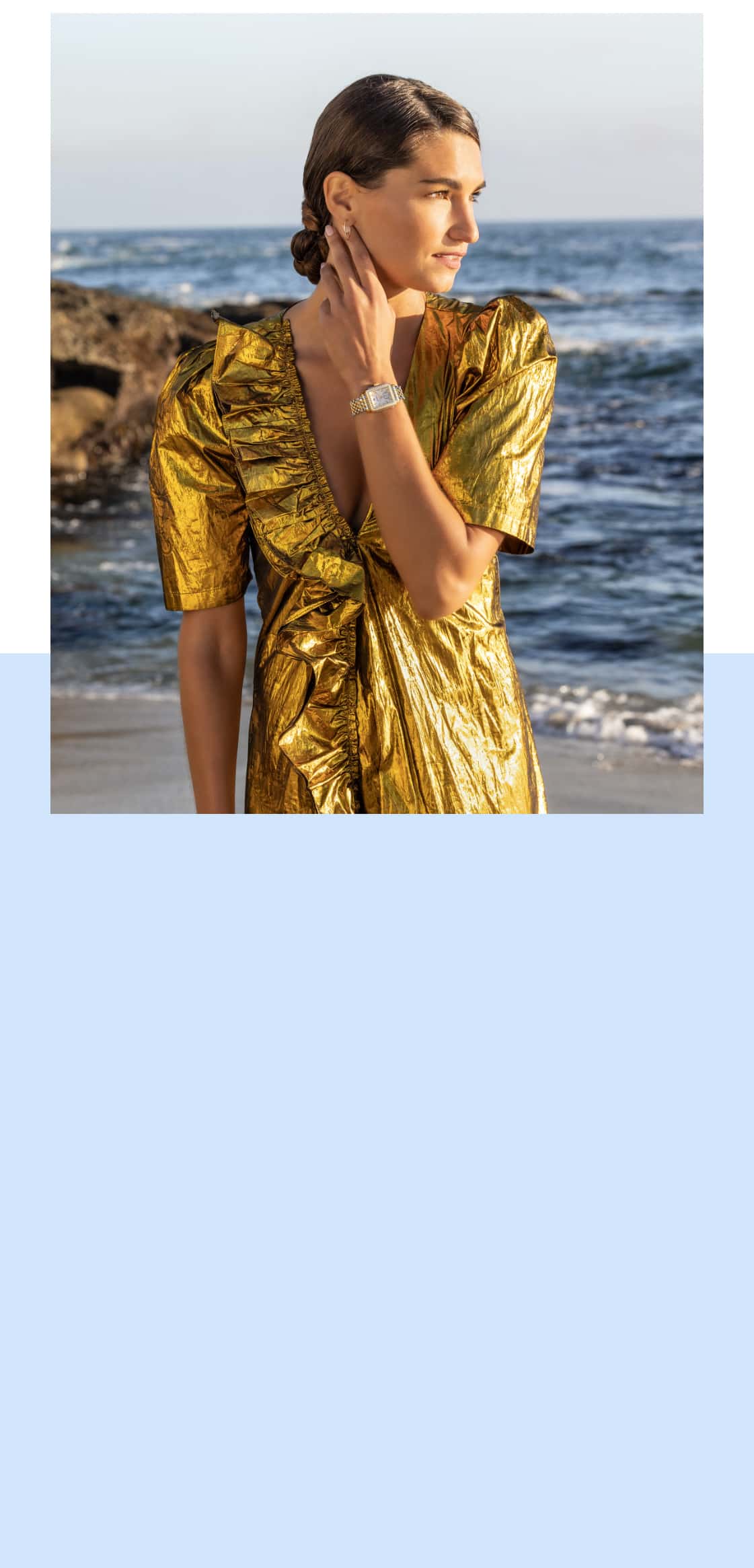 Images of a woman wearing a gold dress on the beach wearing the MICHELE Deco Mid watch