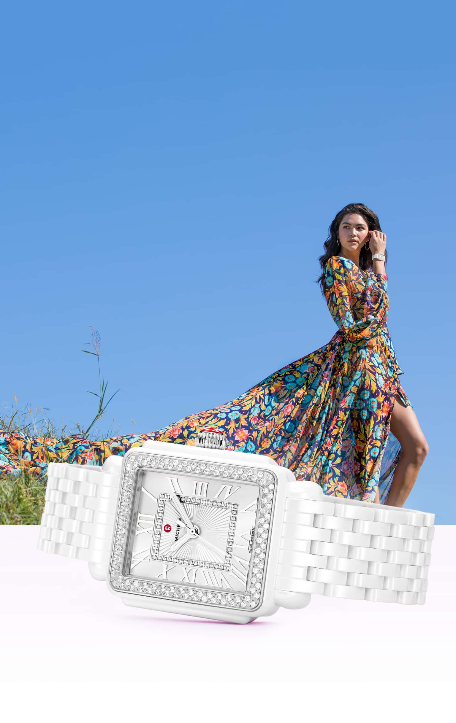 Stylish woman wearing white ceramic Deco Madison.