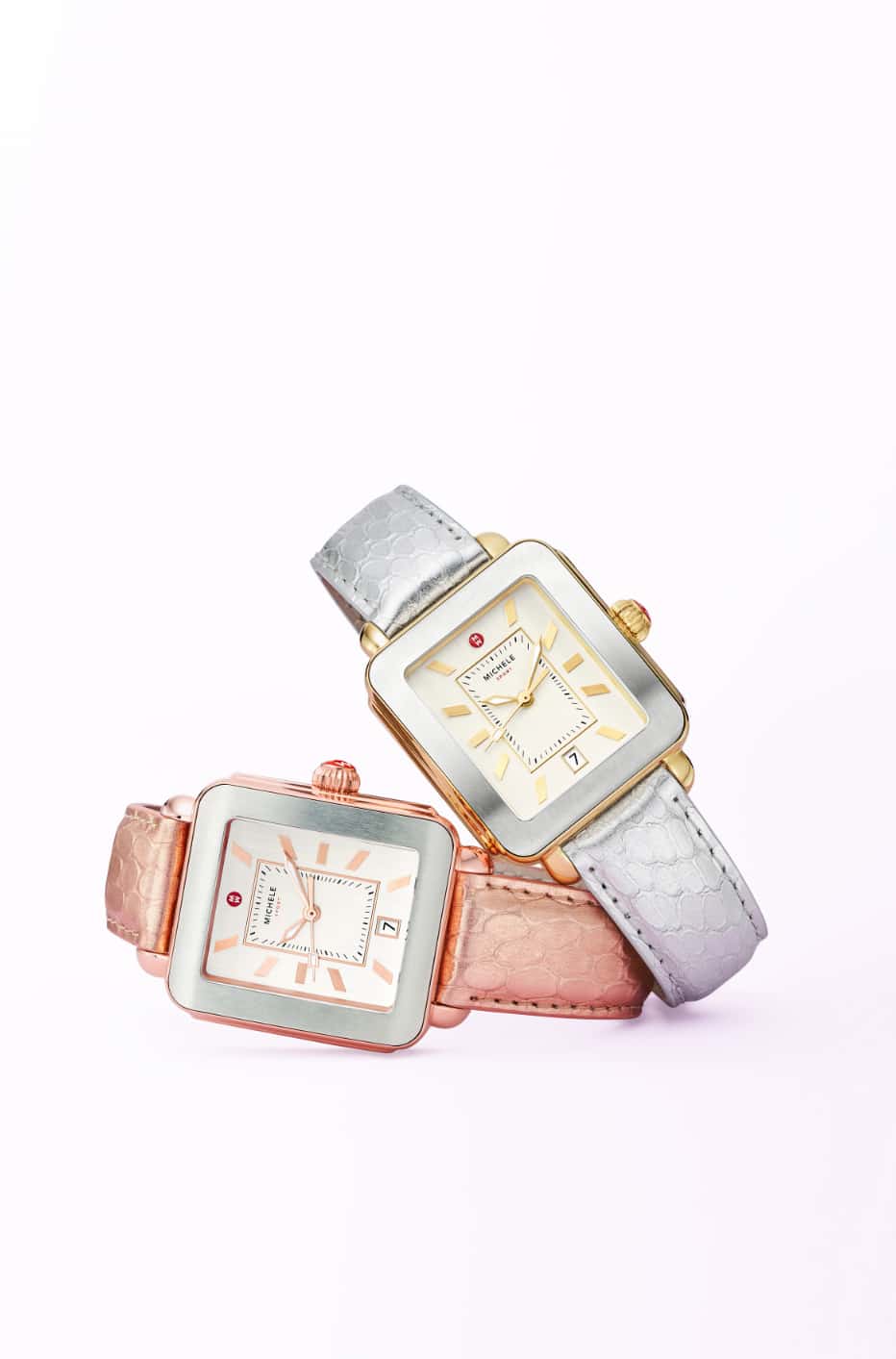 Two Deco Sport Mercurial Metallic watches in rose with pink gold-tone and silver-tone with gold-tone.
