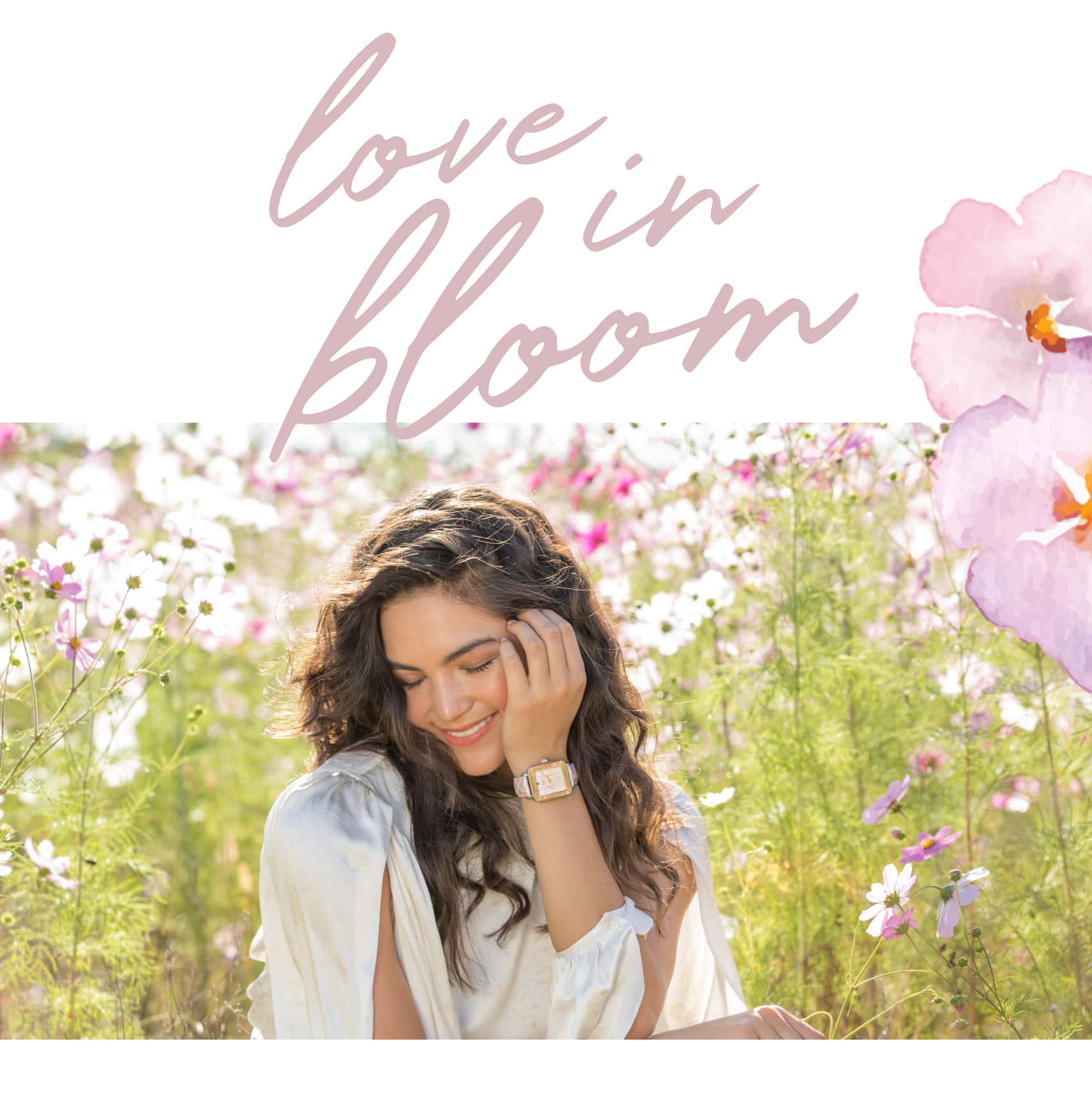 Stylish young woman in a field of flowers wearing Deco Sport watch in lilac.