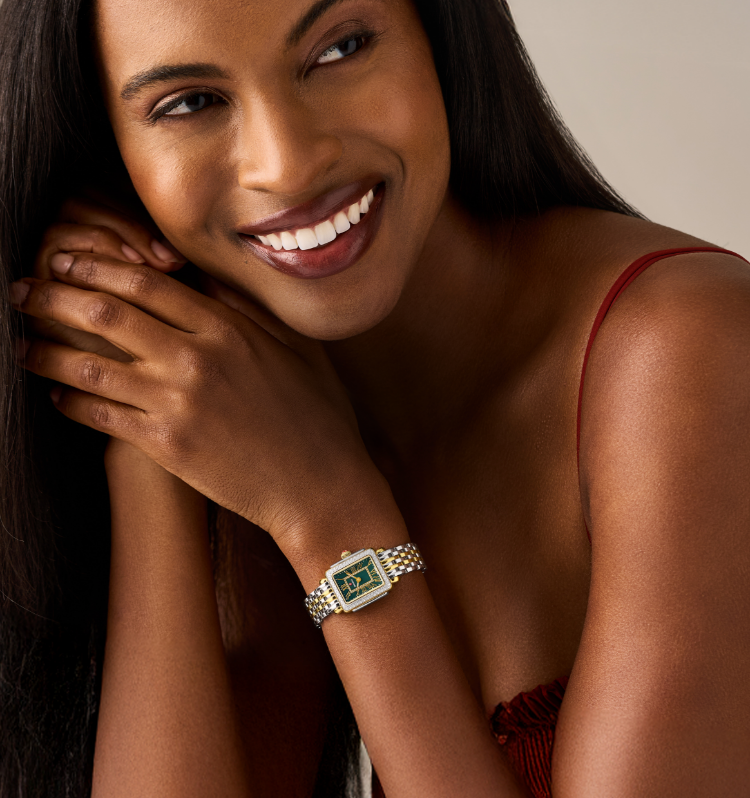 horizontal lifestyle shot model wearing green madison mini
