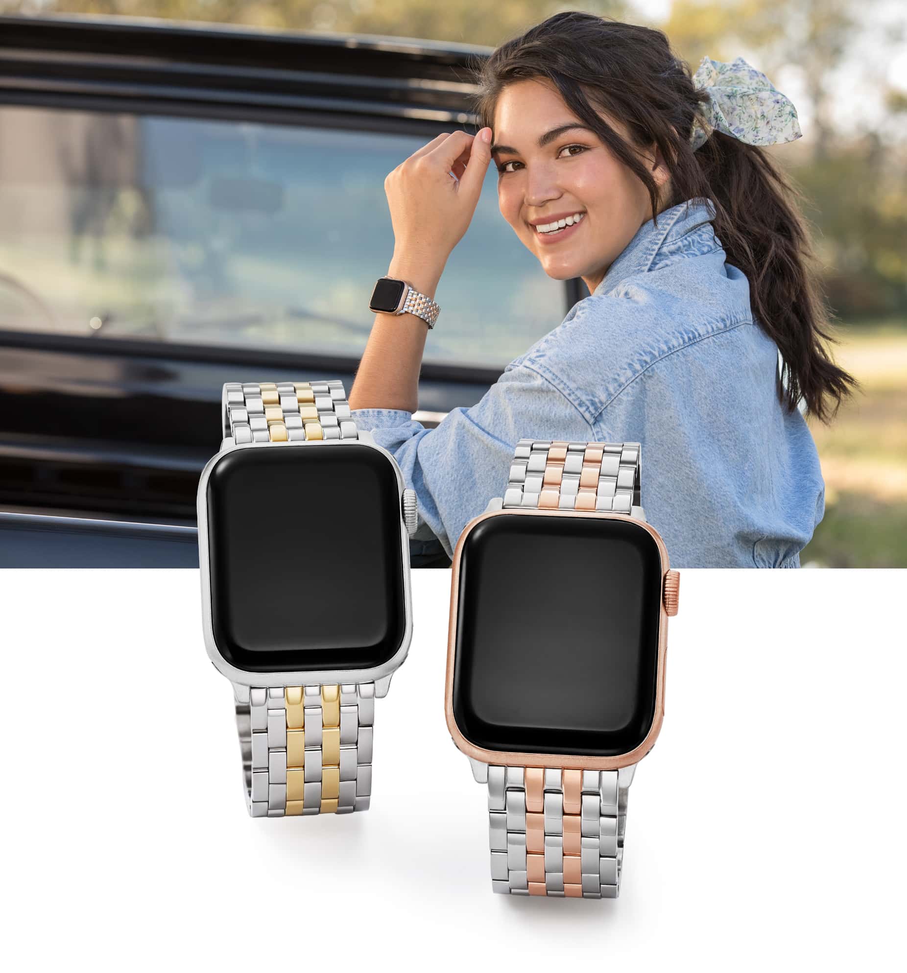 Stylish woman wearing white ceramic seven-link band.