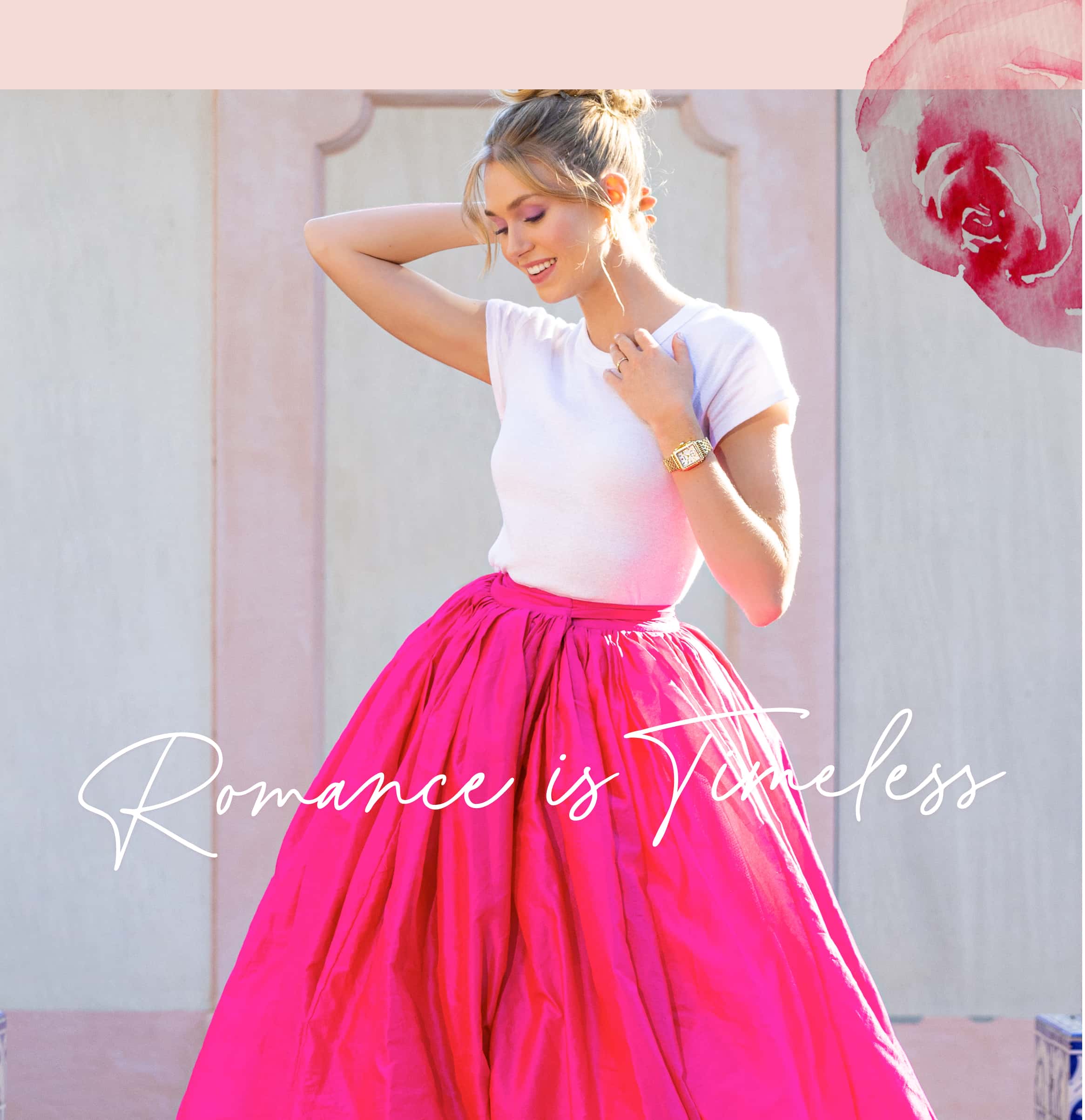 woman in pink ball gown skirt wearing a MICHELE Deco watch