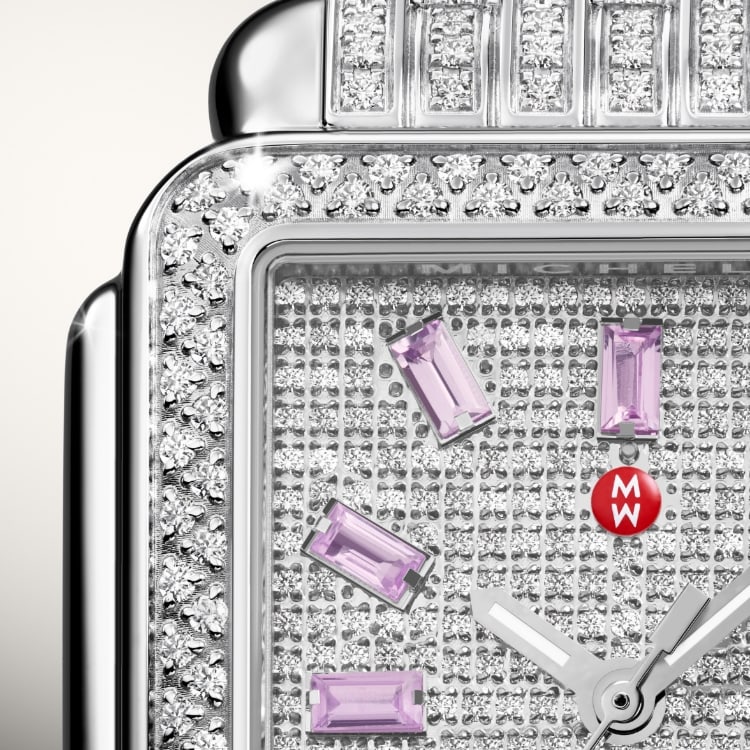 Detail shot of Deco Sapphire Pavé watch in all-over stainless and diamonds with 12 sapphire baguettes