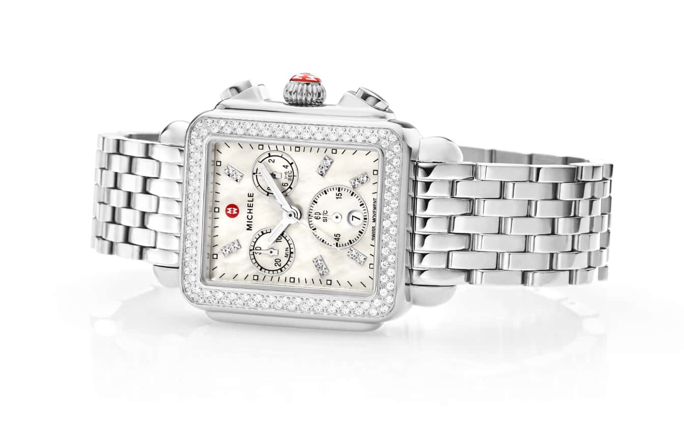 Iconic Deco watchin stainless featuring mother-of-pearl dial, diamond-covered bezel and signature seven-link bracelet.