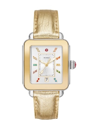 Deco Sport Carousel watch featuring a rainbow of topaz indexes, gold-tone topring, silver-to