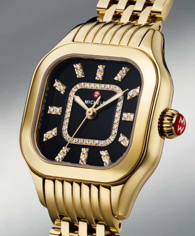 Detail shot of the Meggie Diamond Dial 18K Gold-plated watch in Noir Gloss