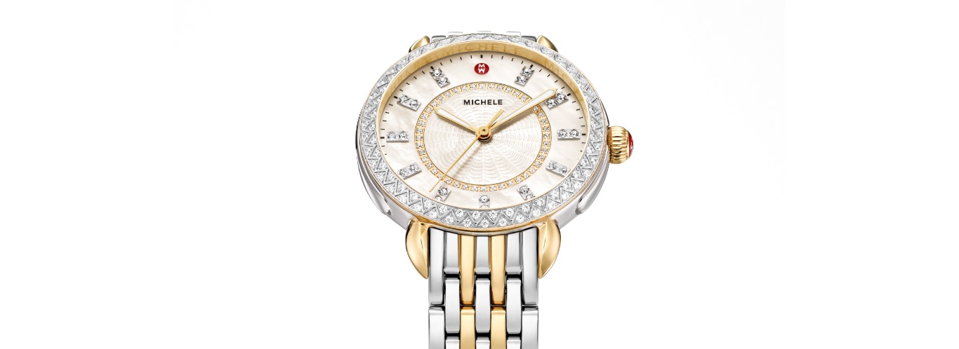 14mm Sidney Classic watch featuring mother-of-pearl dial with diamond innerring, double-diamond indexes, diamond-covered topring and two-tone seven-link bracelet in stainless and 18k gold.