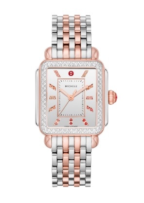 Deco Diamond Carousel watch featuring a silver sunray dial with pink-to-red topaz indexes, diamond-covered bezel, two-tone stainless and 18k pink gold seven-link bracelet and case.