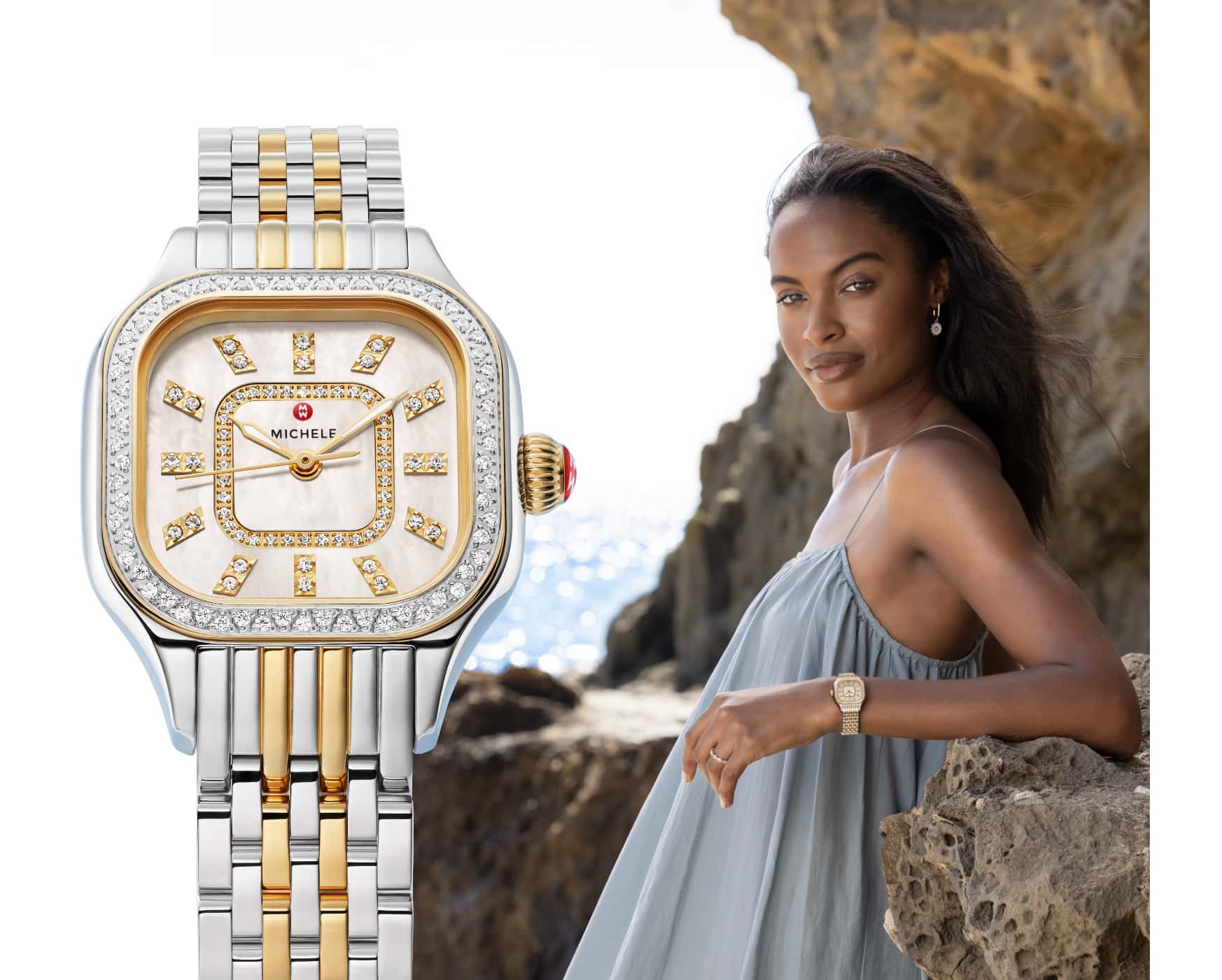Stylish young woman wearing seven-link two-tone Meggie Diamond
