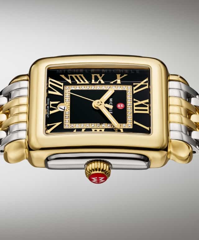 Close up of the Deco Madison Mid Diamond Dial Two-tone 18K Gold-plated watch in Noir Gloss 