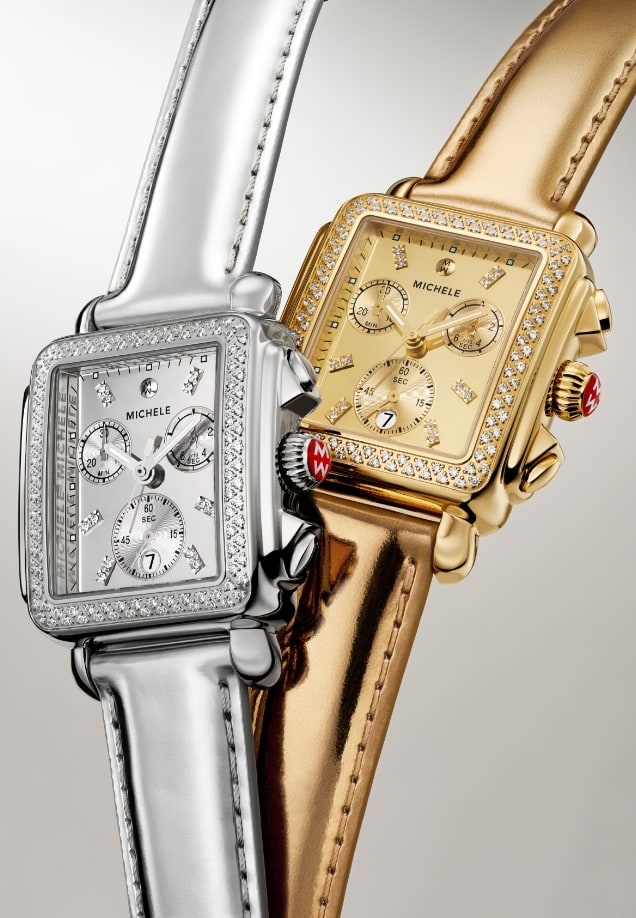 Two Deco Diamond High Shine watches showcasing the silver and gold High Shine straps