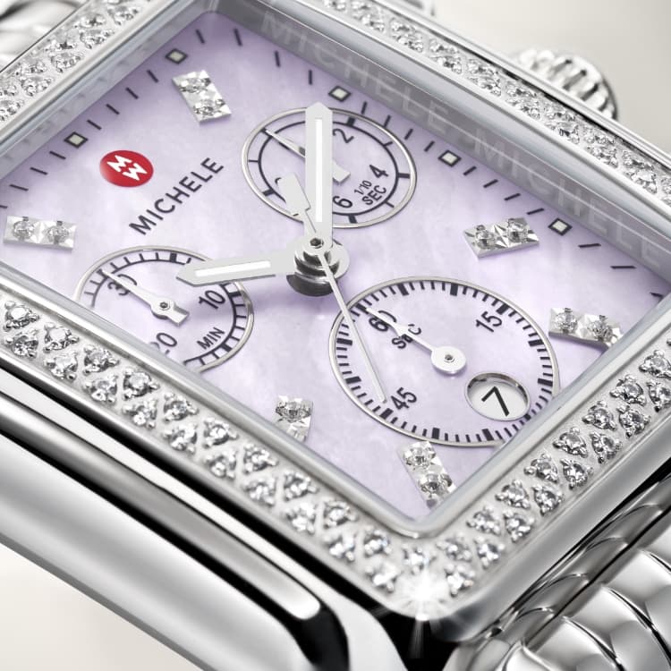 Detail shot of Deco Lavender watch in stainless with a Lavender dial and double diamond indexes