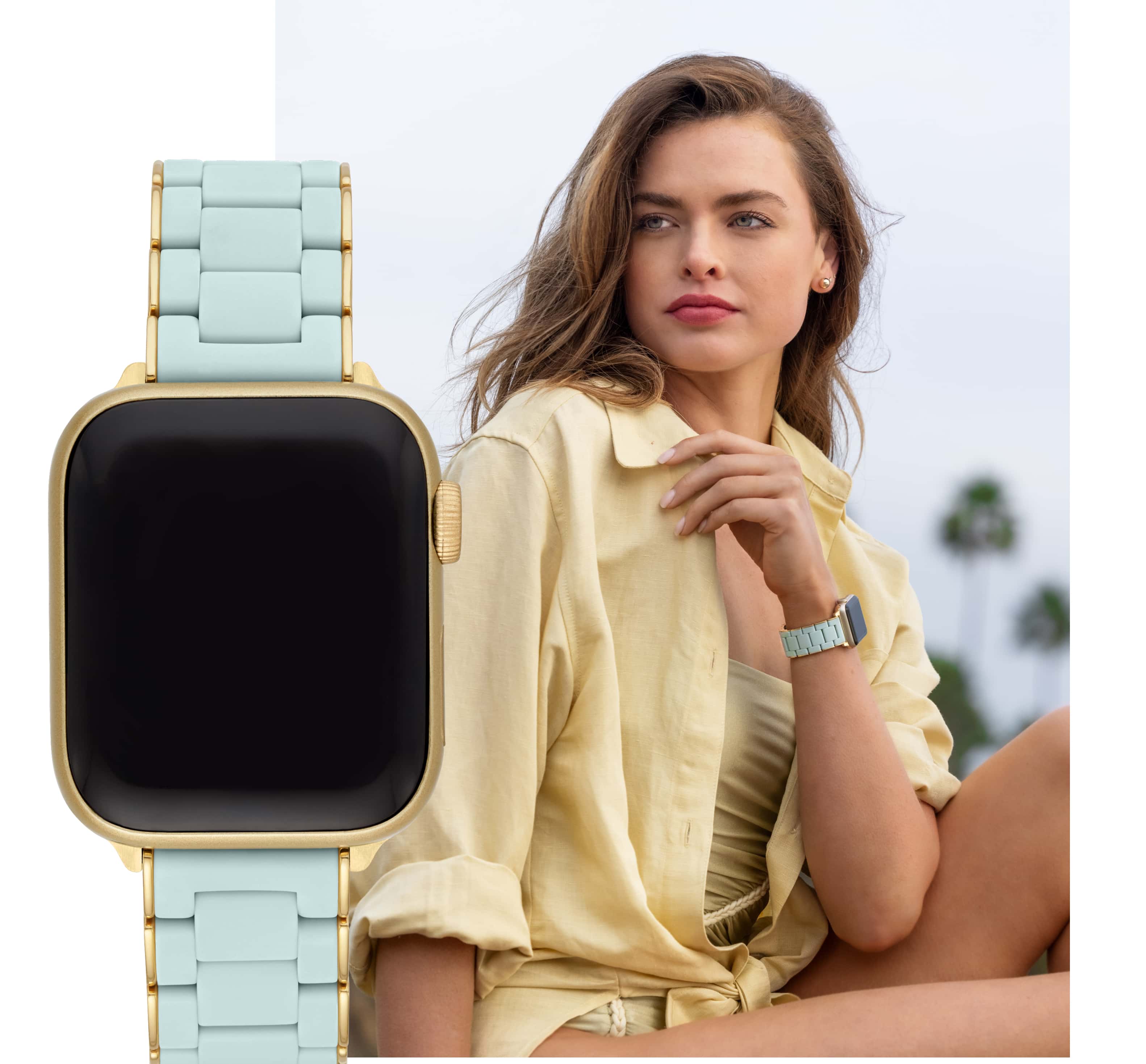 Elegant and stylish woman wearing noir Deco Madison watch with white hand-set diamonds.