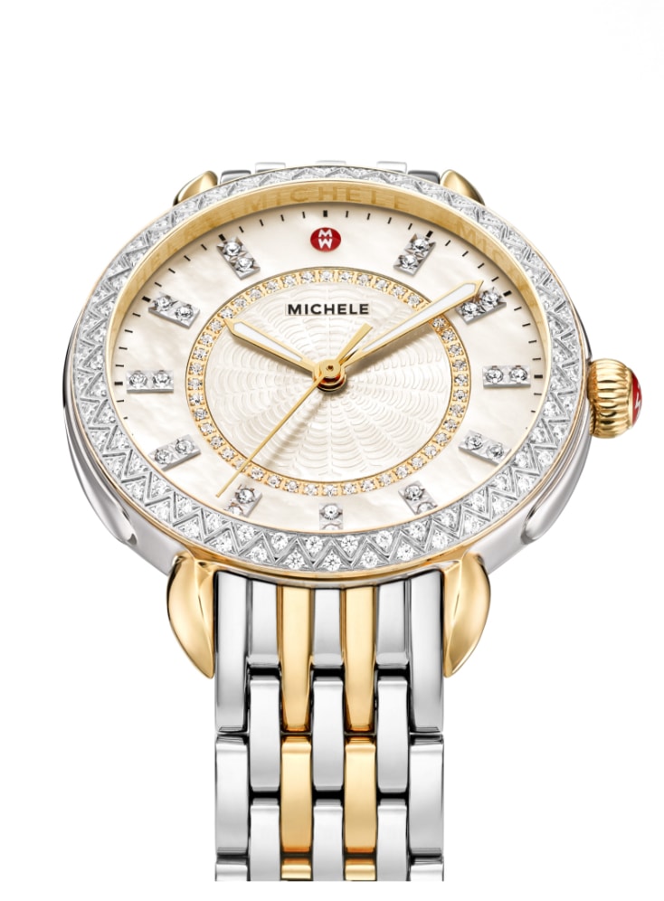 14mm Sidney Classic watch featuring mother-of-pearl dial with diamond innerring, double-diamond indexes, diamond-covered topring and two-tone seven-link bracelet in stainless and 18k gold.