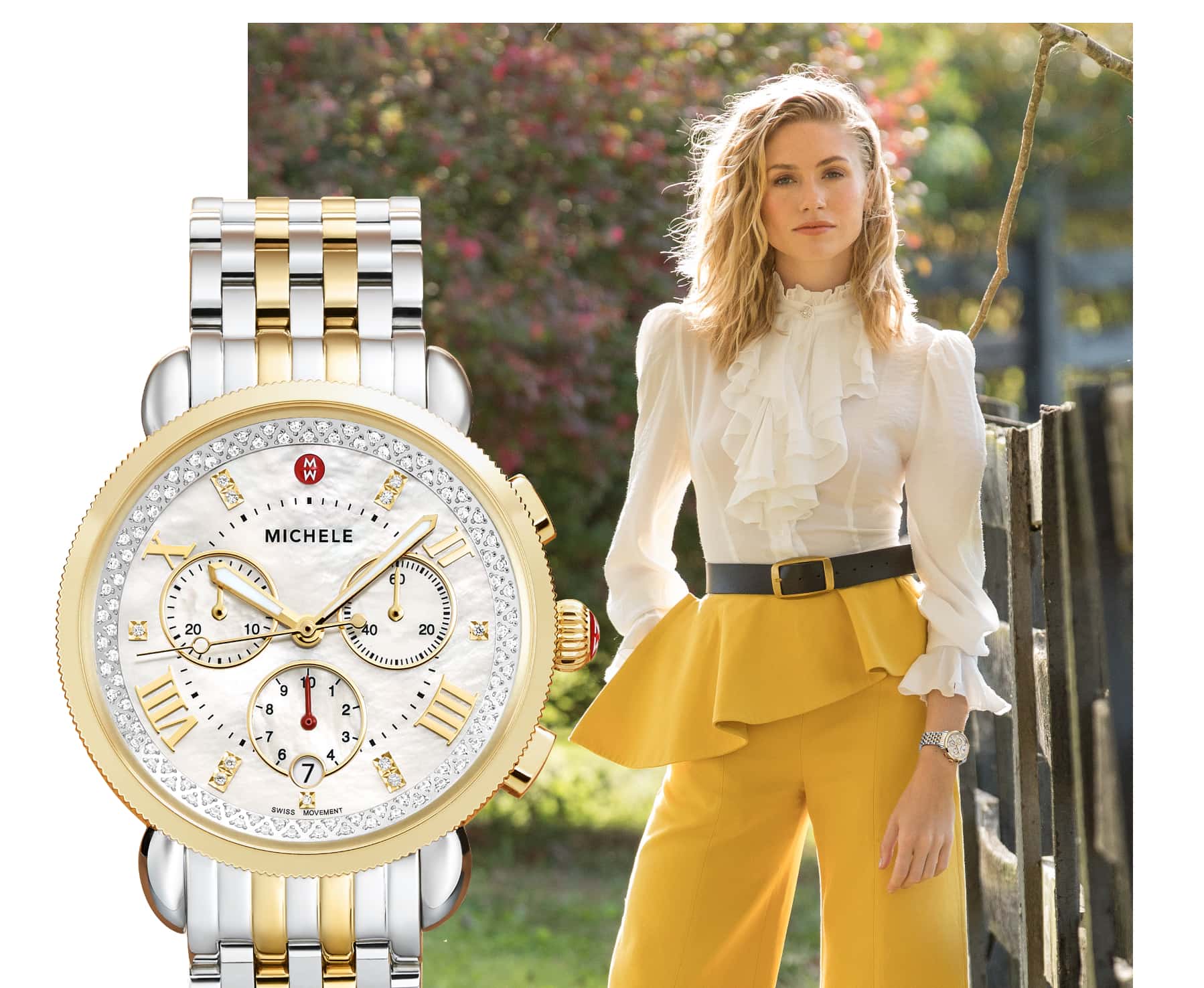 Stylish woman wearing two-tone Sport Sail watch in stainless and 18K gold plating.