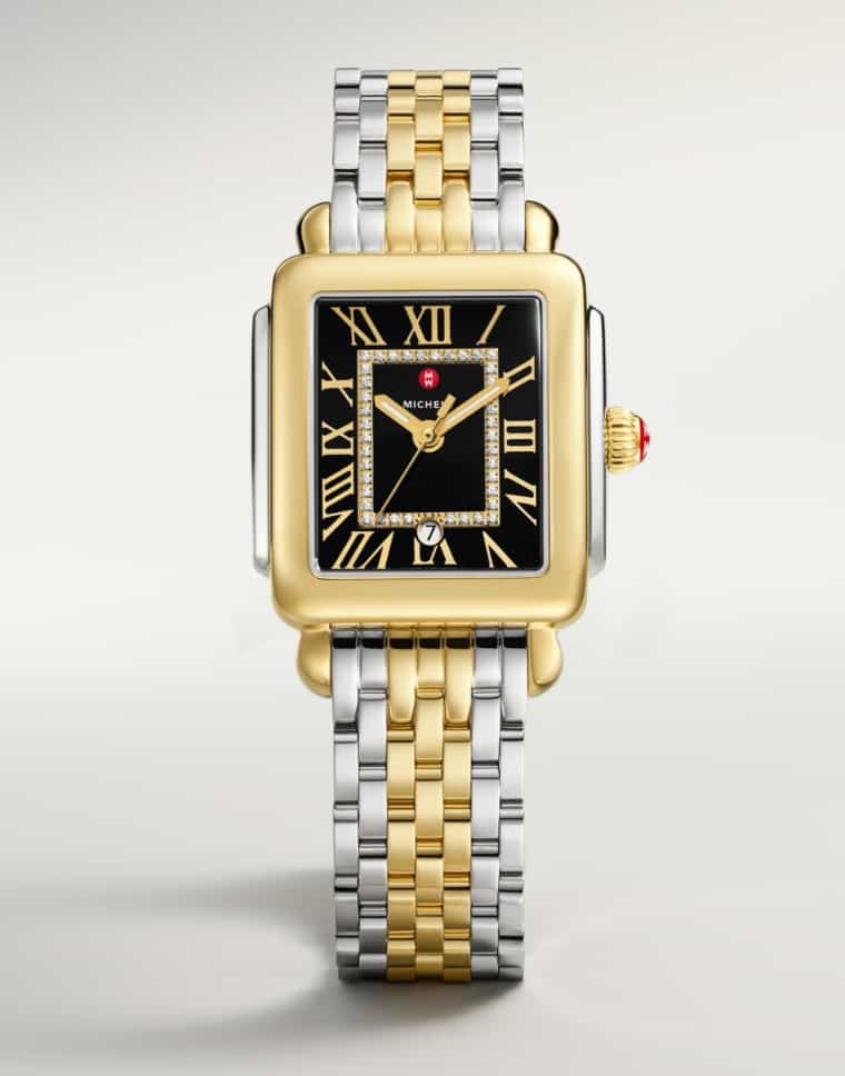 Detail shot of the Deco Madison Mid Diamond Dial Two-tone 18K Gold-plated watch in Noir Gloss 