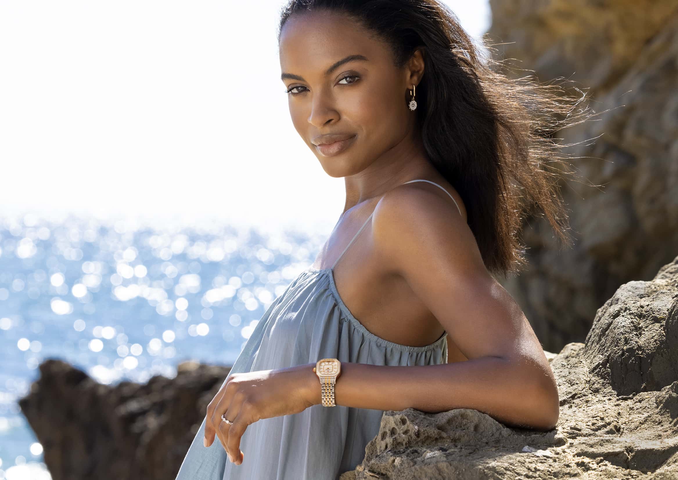 Stylish woman wearing Meggie Diamond two-tone watch.
