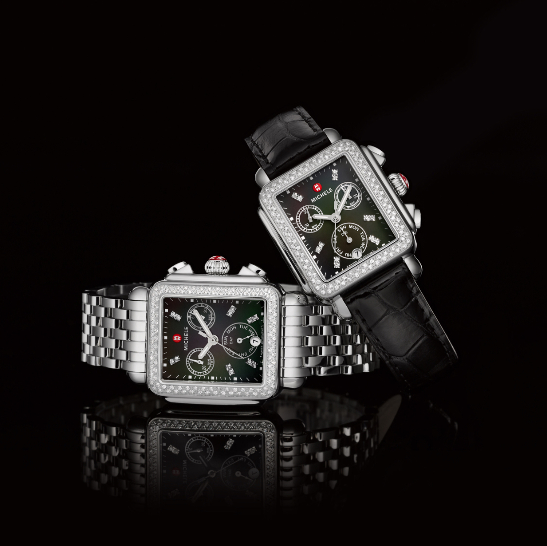 Two Deco watches, one featuring a stainles seven-link bracelet, black dial and diamond bezel and another featuring a black dial, diamond bezel and black leather strap.