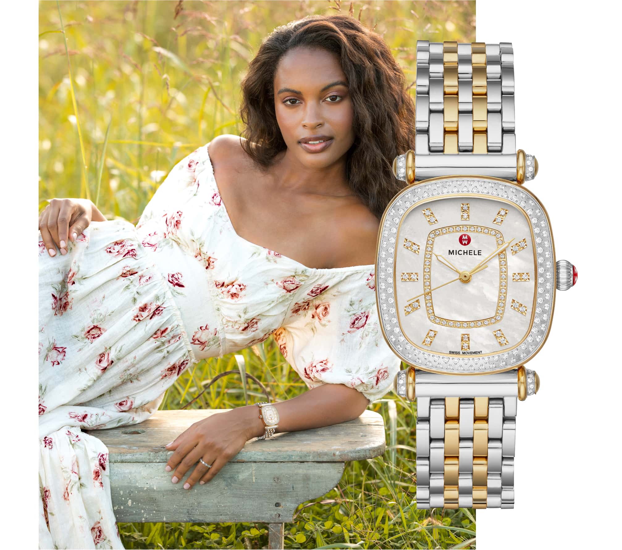 Stylish woman in field of flowers wearing two-tone stainless and 18K gold Caber Isle watch.